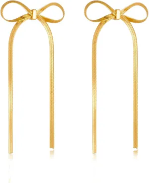 Silver Bow Earrings - Sparkle Long Dangle Rhinestone Drop Bling Gold Bowknot Earrings