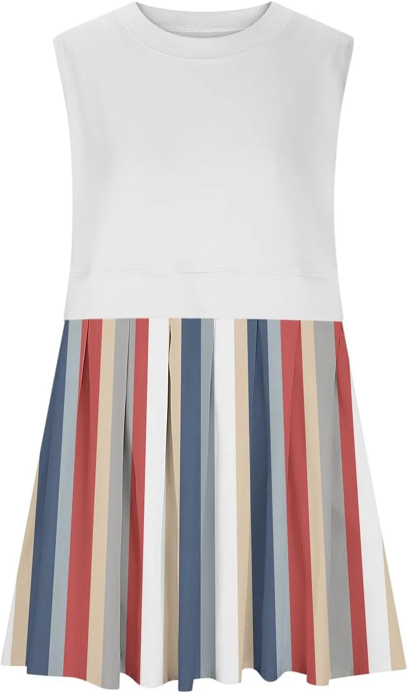 Sleeveless Dresses for Women Casual Summer Pleated Tank Dress Ruffle Flowy Mini Dress Solid Crewneck Pleated Dress