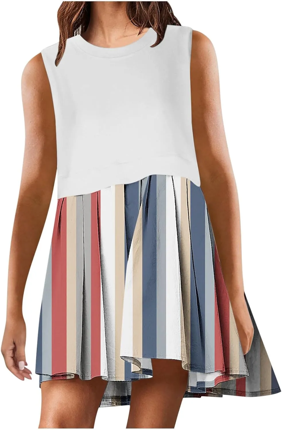 Sleeveless Dresses for Women Casual Summer Pleated Tank Dress Ruffle Flowy Mini Dress Solid Crewneck Pleated Dress