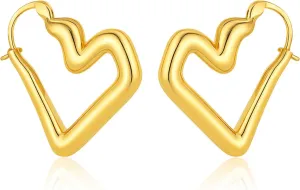 Small Chunky Gold Plated Hoop and Statement Asymmetrical Heart Stud Earrings for Wome, Flat Back, Dainty Hypoallergenic Summer Jewelry for Party and Everyday Wear