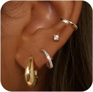 Small Gold Hoop Earrings for Women - Hypoallergenic 14K Gold Plated Surgical Steel Chunky Huggie Earings Stacks Set Dainty Cute Silver Cartilage Flat Back Stud Jewelry Trendy 4 Pairs