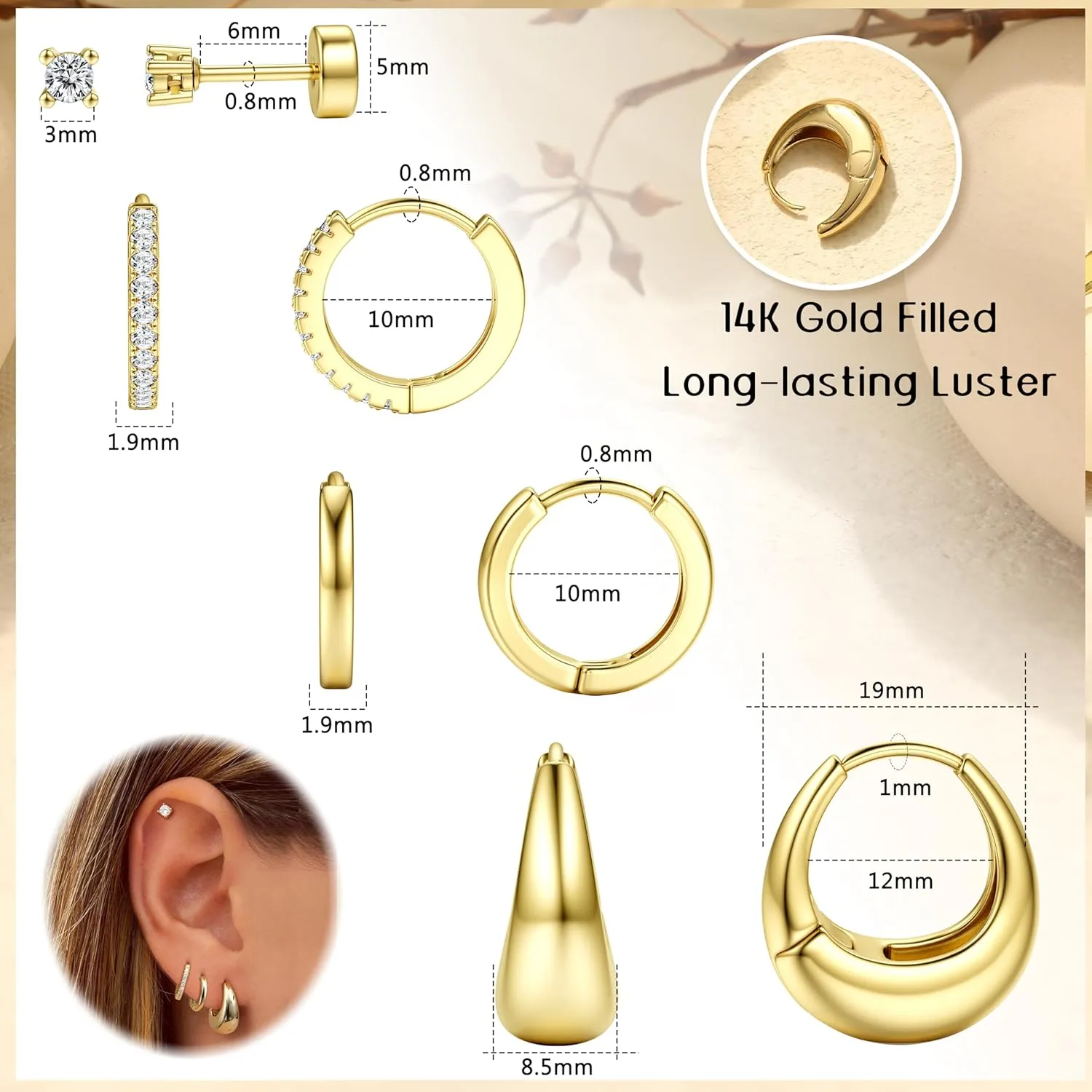Small Gold Hoop Earrings for Women - Hypoallergenic 14K Gold Plated Surgical Steel Chunky Huggie Earings Stacks Set Dainty Cute Silver Cartilage Flat Back Stud Jewelry Trendy 4 Pairs