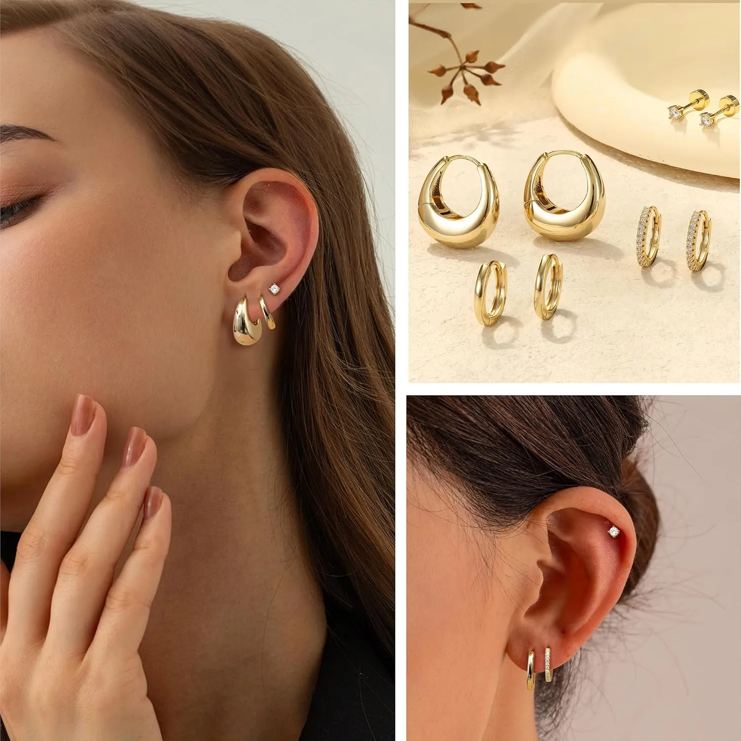 Small Gold Hoop Earrings for Women - Hypoallergenic 14K Gold Plated Surgical Steel Chunky Huggie Earings Stacks Set Dainty Cute Silver Cartilage Flat Back Stud Jewelry Trendy 4 Pairs