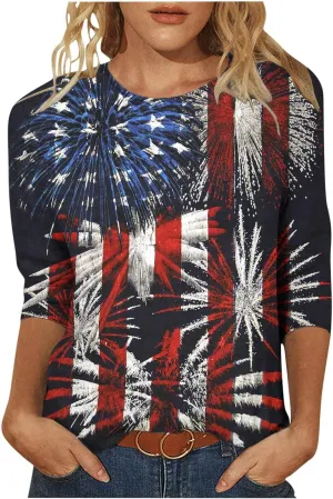 SMIDOW Star Stripes American Flag t Shirt for Women 2024 4th of July Patriotic Shirts 3/4 Sleeve Summer Casual Tops