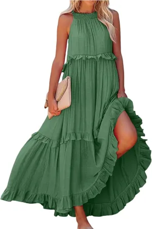 Smocked Dress Women Summer Sleeveless Tank Dresses Halter Tie Back Flowy Ruffle Tiered Maxi Dress with Pockets