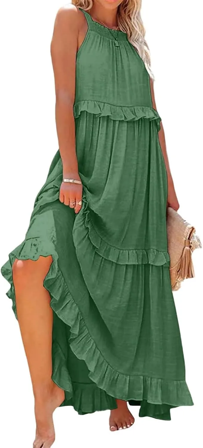 Smocked Dress Women Summer Sleeveless Tank Dresses Halter Tie Back Flowy Ruffle Tiered Maxi Dress with Pockets