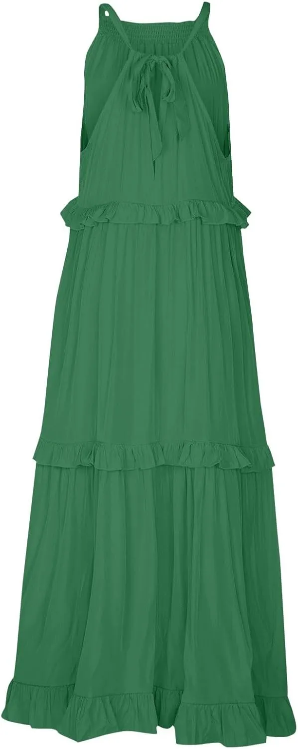 Smocked Dress Women Summer Sleeveless Tank Dresses Halter Tie Back Flowy Ruffle Tiered Maxi Dress with Pockets