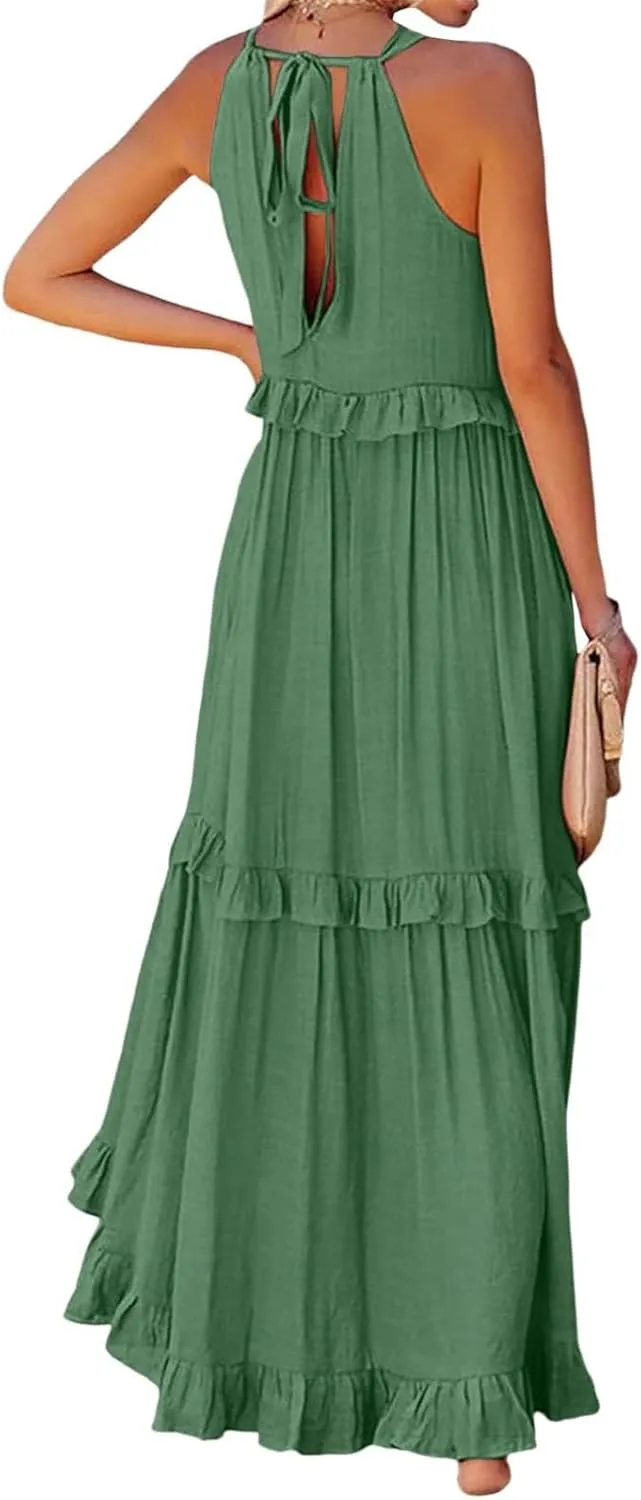 Smocked Dress Women Summer Sleeveless Tank Dresses Halter Tie Back Flowy Ruffle Tiered Maxi Dress with Pockets