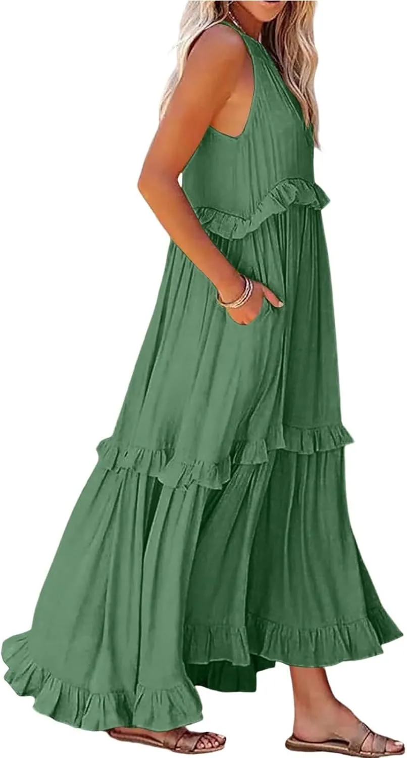 Smocked Dress Women Summer Sleeveless Tank Dresses Halter Tie Back Flowy Ruffle Tiered Maxi Dress with Pockets