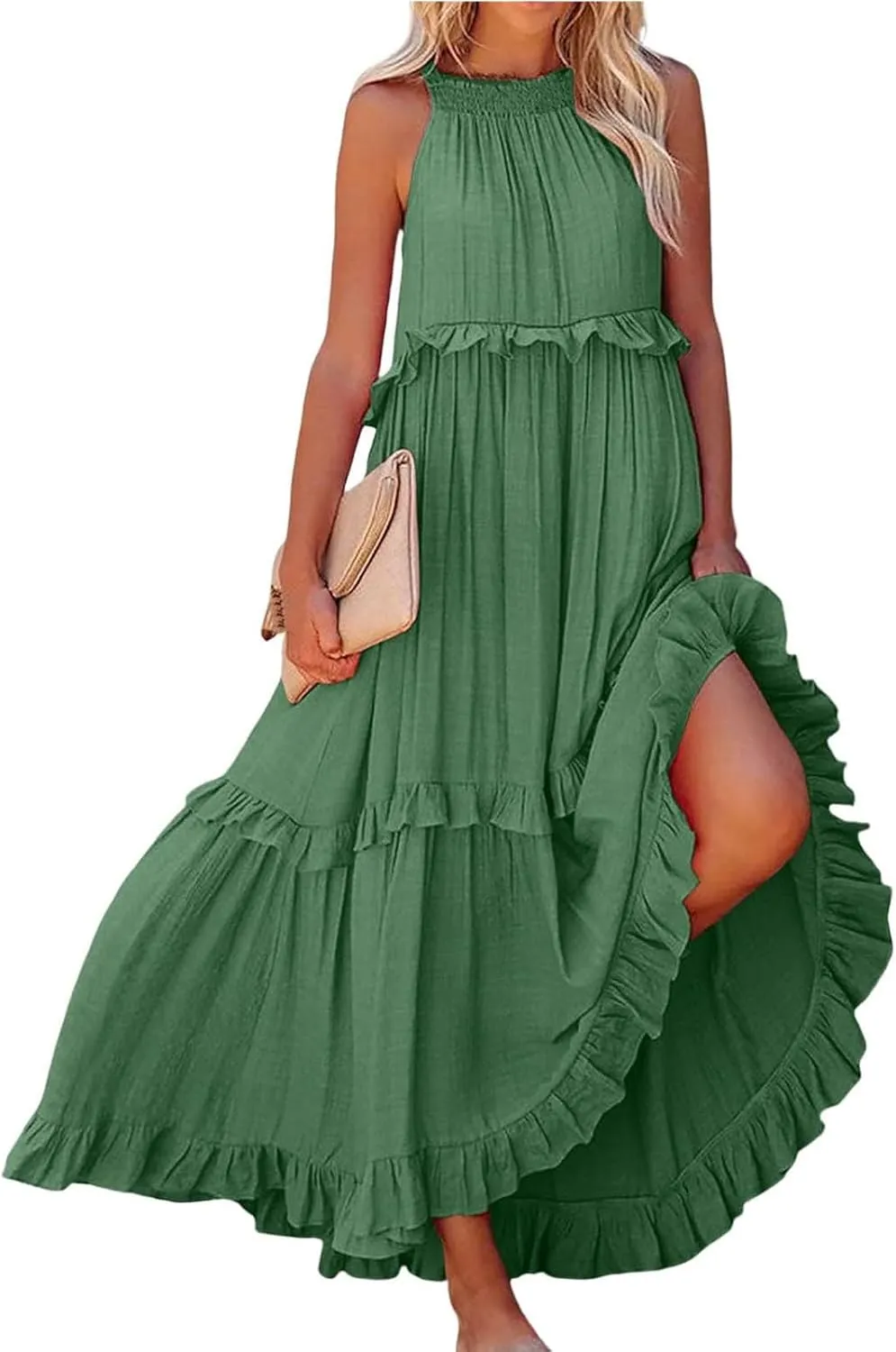 Smocked Dress Women Summer Sleeveless Tank Dresses Halter Tie Back Flowy Ruffle Tiered Maxi Dress with Pockets