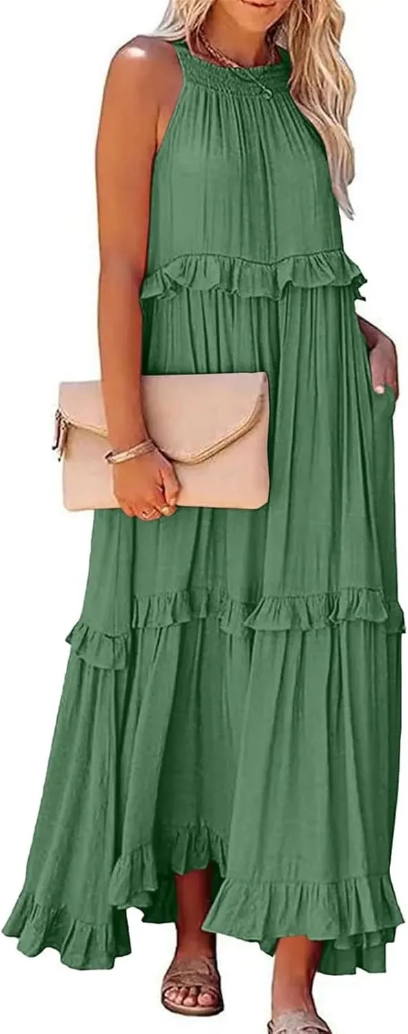 Smocked Dress Women Summer Sleeveless Tank Dresses Halter Tie Back Flowy Ruffle Tiered Maxi Dress with Pockets