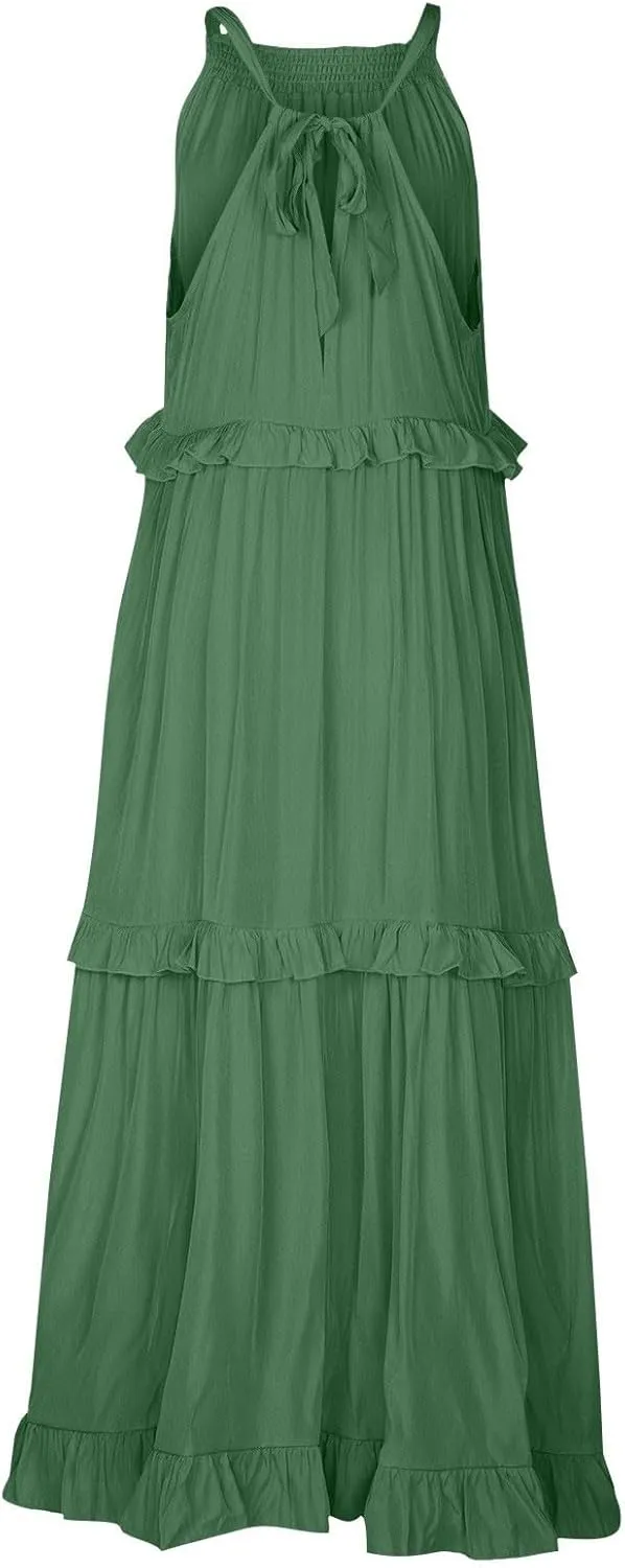 Smocked Dress Women Summer Sleeveless Tank Dresses Halter Tie Back Flowy Ruffle Tiered Maxi Dress with Pockets