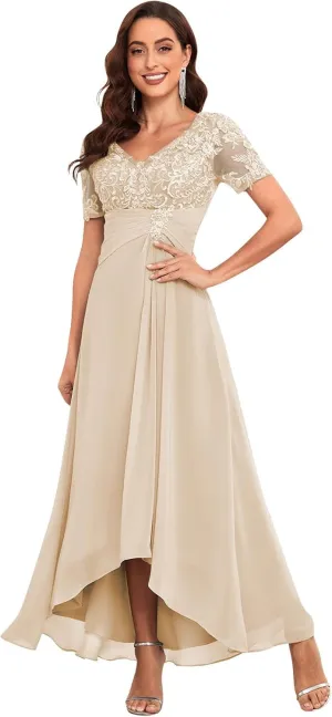 SOLODISH Lace Applique Mother of The Bride Dresses for Wedding Tea Length Chiffon Formal Evening Party Gown