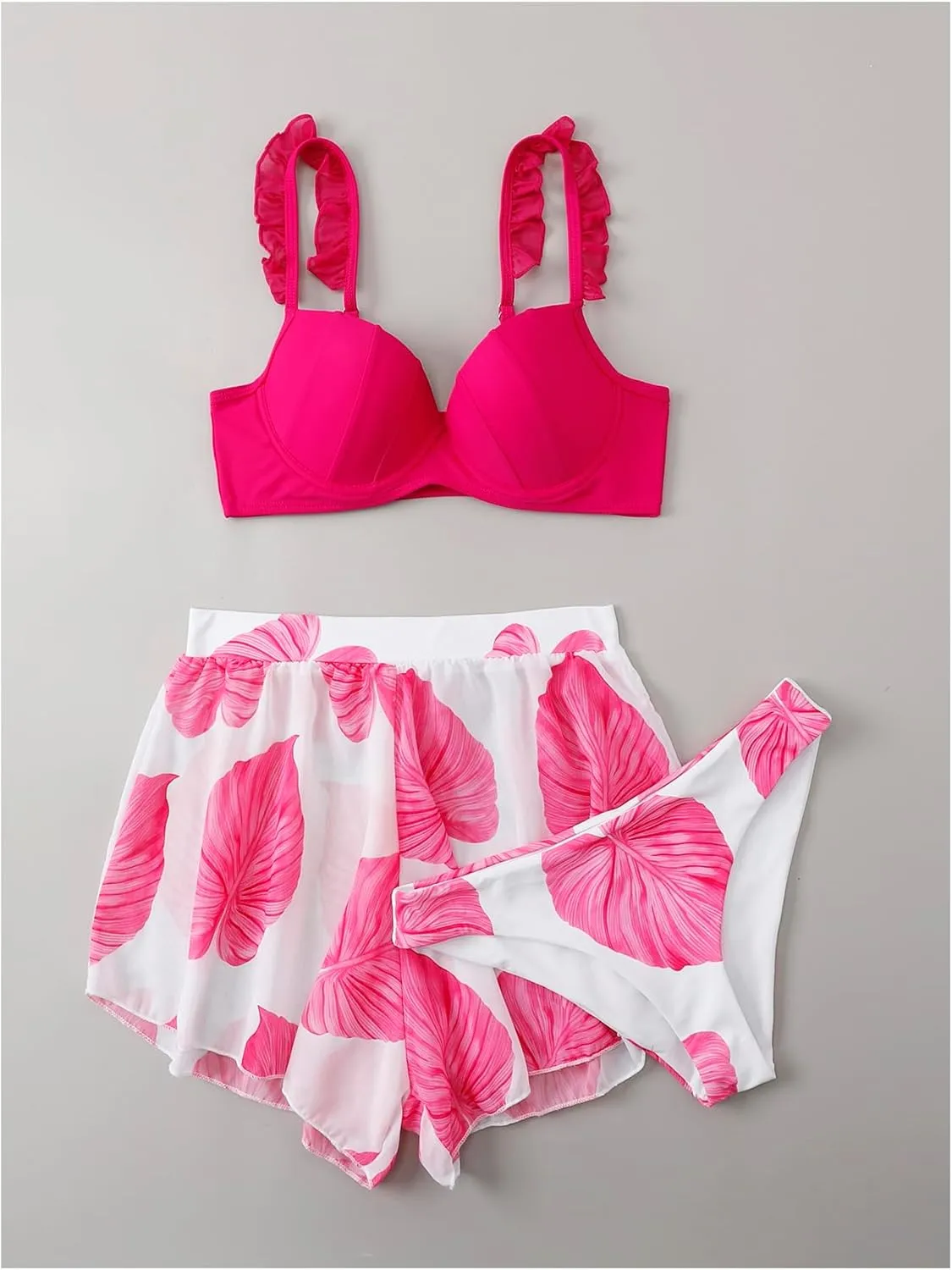 SOLY HUX Bathing Suit for Women 3 Piece Swimsuits Push Up Frill Trim Bikini Set with Cover Up Shorts