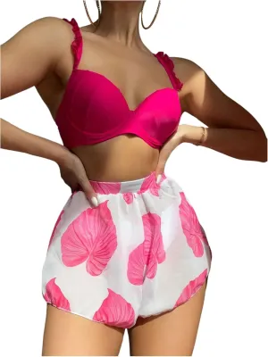 SOLY HUX Bathing Suit for Women 3 Piece Swimsuits Push Up Frill Trim Bikini Set with Cover Up Shorts