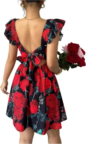 SOLY HUX Women's Floral Print Birthday Mini Dress Bow Tie Square Neck Boho Flowy Dresses