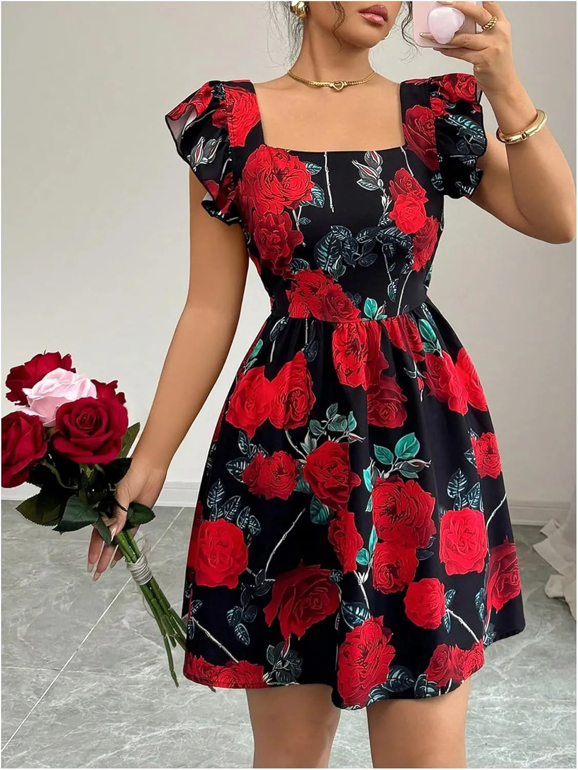 SOLY HUX Women's Floral Print Birthday Mini Dress Bow Tie Square Neck Boho Flowy Dresses