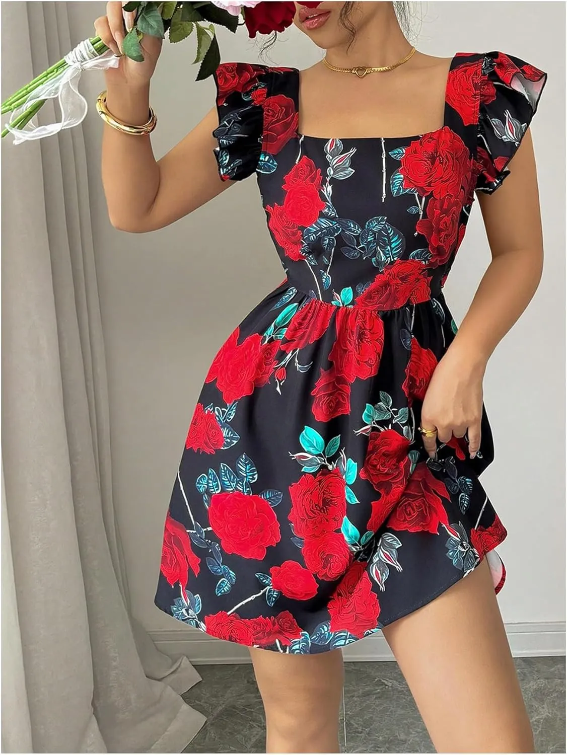 SOLY HUX Women's Floral Print Birthday Mini Dress Bow Tie Square Neck Boho Flowy Dresses