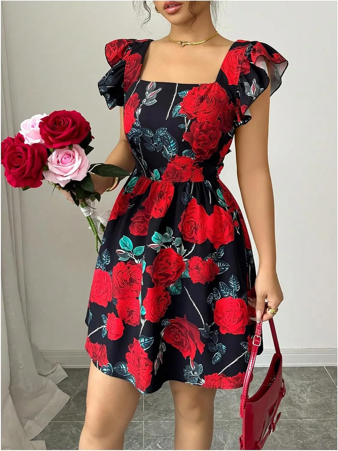SOLY HUX Women's Floral Print Birthday Mini Dress Bow Tie Square Neck Boho Flowy Dresses