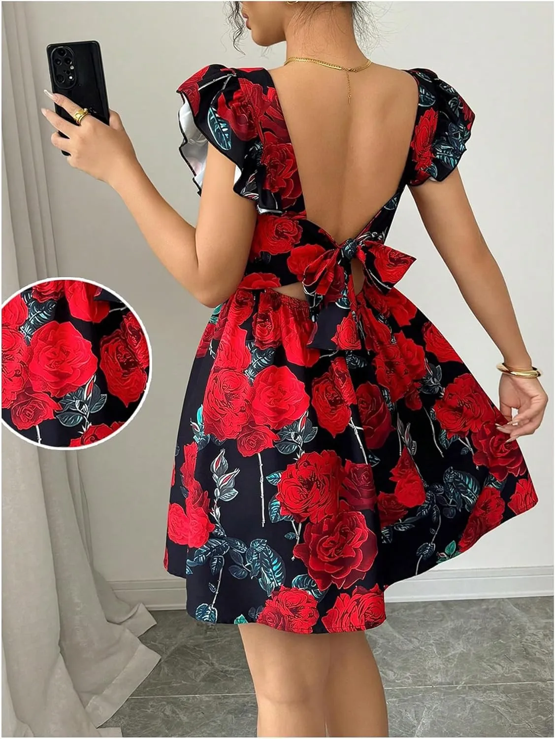 SOLY HUX Women's Floral Print Birthday Mini Dress Bow Tie Square Neck Boho Flowy Dresses
