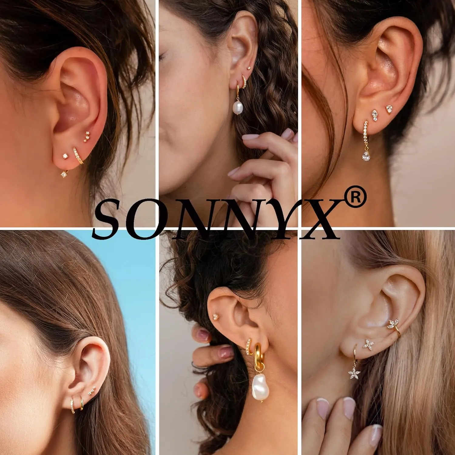 SONNYX 3-4 Pairs Dainty Gold Earrings Set for Women Sensitive Ears -Hypoallergenic 14K Gold Earring Sets for Multiple Piercing- Dangle Huggie Hoop Cartilage Stud Earrings Stacks