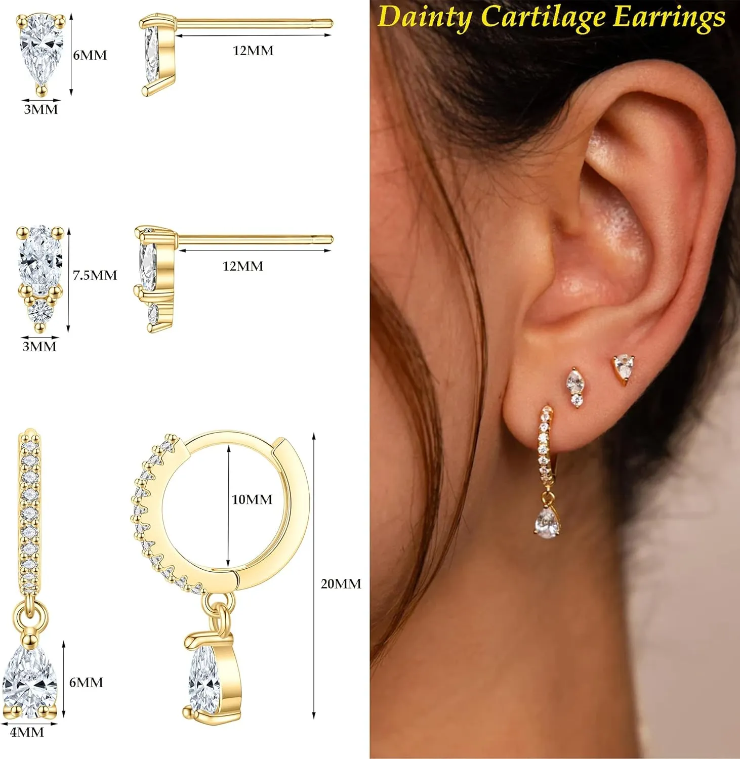 SONNYX 3-4 Pairs Dainty Gold Earrings Set for Women Sensitive Ears -Hypoallergenic 14K Gold Earring Sets for Multiple Piercing- Dangle Huggie Hoop Cartilage Stud Earrings Stacks