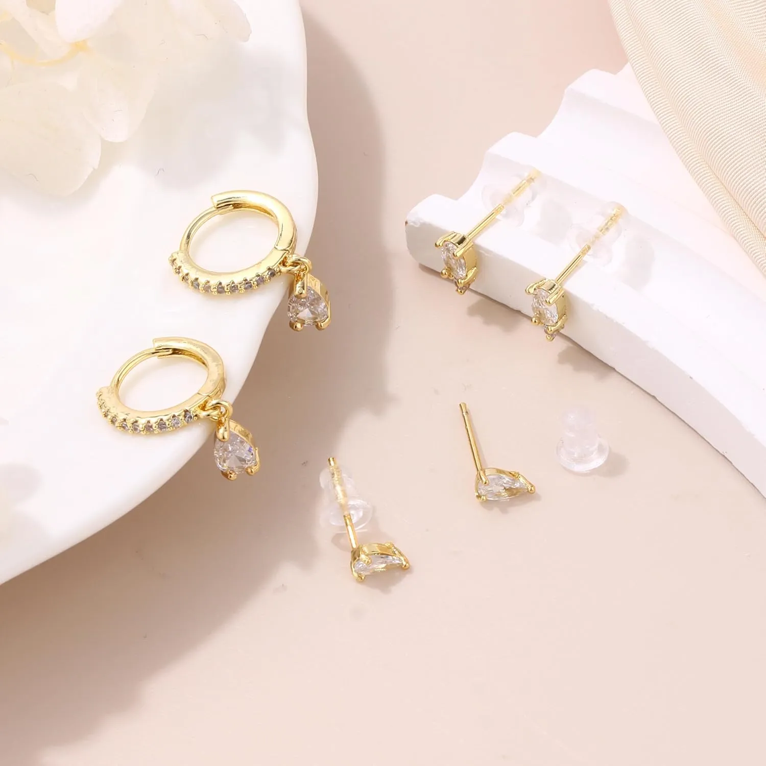 SONNYX 3-4 Pairs Dainty Gold Earrings Set for Women Sensitive Ears -Hypoallergenic 14K Gold Earring Sets for Multiple Piercing- Dangle Huggie Hoop Cartilage Stud Earrings Stacks