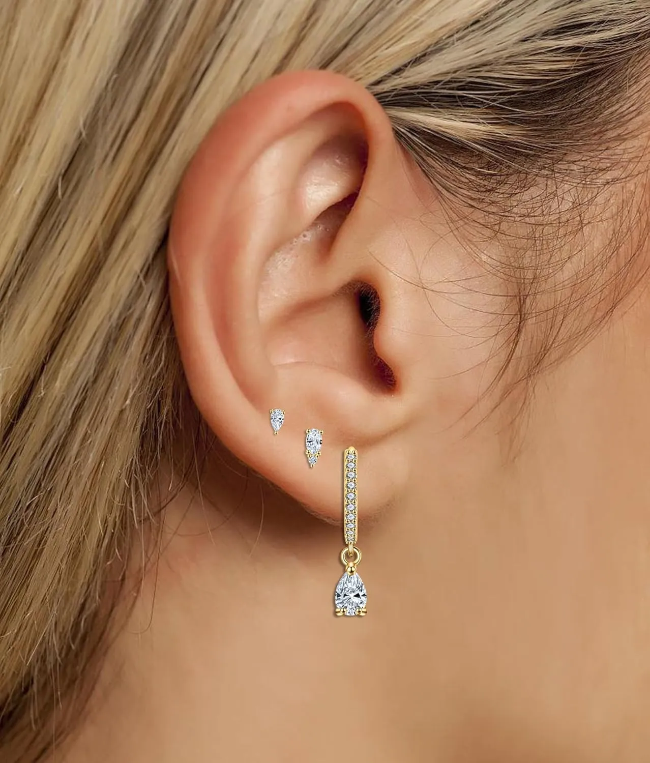 SONNYX 3-4 Pairs Dainty Gold Earrings Set for Women Sensitive Ears -Hypoallergenic 14K Gold Earring Sets for Multiple Piercing- Dangle Huggie Hoop Cartilage Stud Earrings Stacks