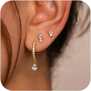 SONNYX 3-4 Pairs Dainty Gold Earrings Set for Women Sensitive Ears -Hypoallergenic 14K Gold Earring Sets for Multiple Piercing- Dangle Huggie Hoop Cartilage Stud Earrings Stacks