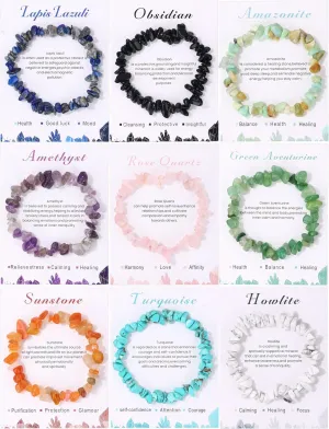SONNYX 9PCS Crystals Chip Bracelets Set for Women Natural Gemstone Bracelets Colorful Gravel Bead Bracelets Irregular Chips Beads Bracelet Reiki Stretch Beaded Bracelets Jewelry
