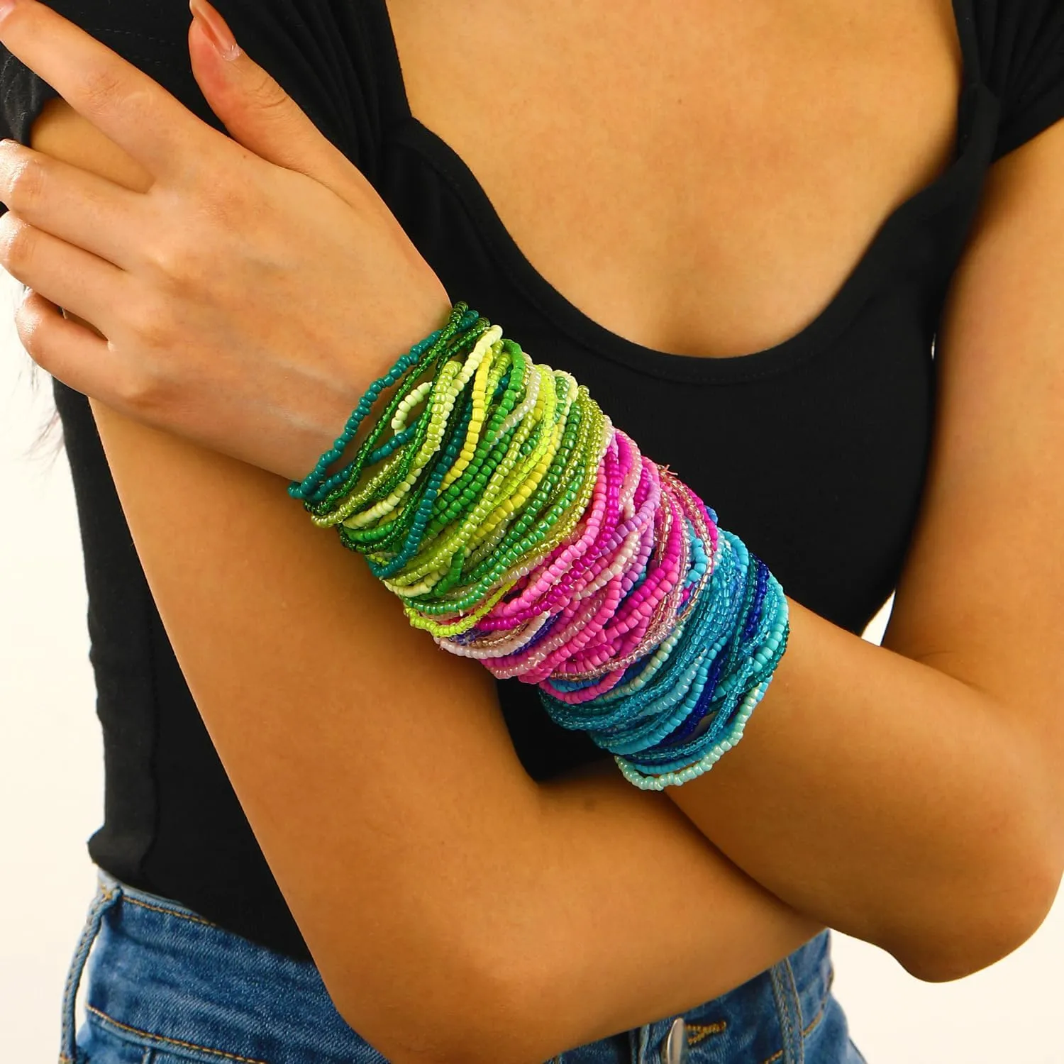 Soyzvteo 30Pcs Elastic Beaded Bracelets Multicolor Bohemian Stackable Stretch Bracelets Handmade Bead Ankle Bracelets Jewelry