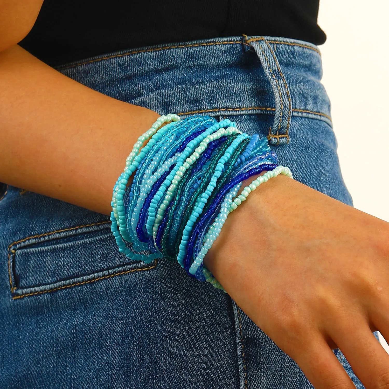 Soyzvteo 30Pcs Elastic Beaded Bracelets Multicolor Bohemian Stackable Stretch Bracelets Handmade Bead Ankle Bracelets Jewelry
