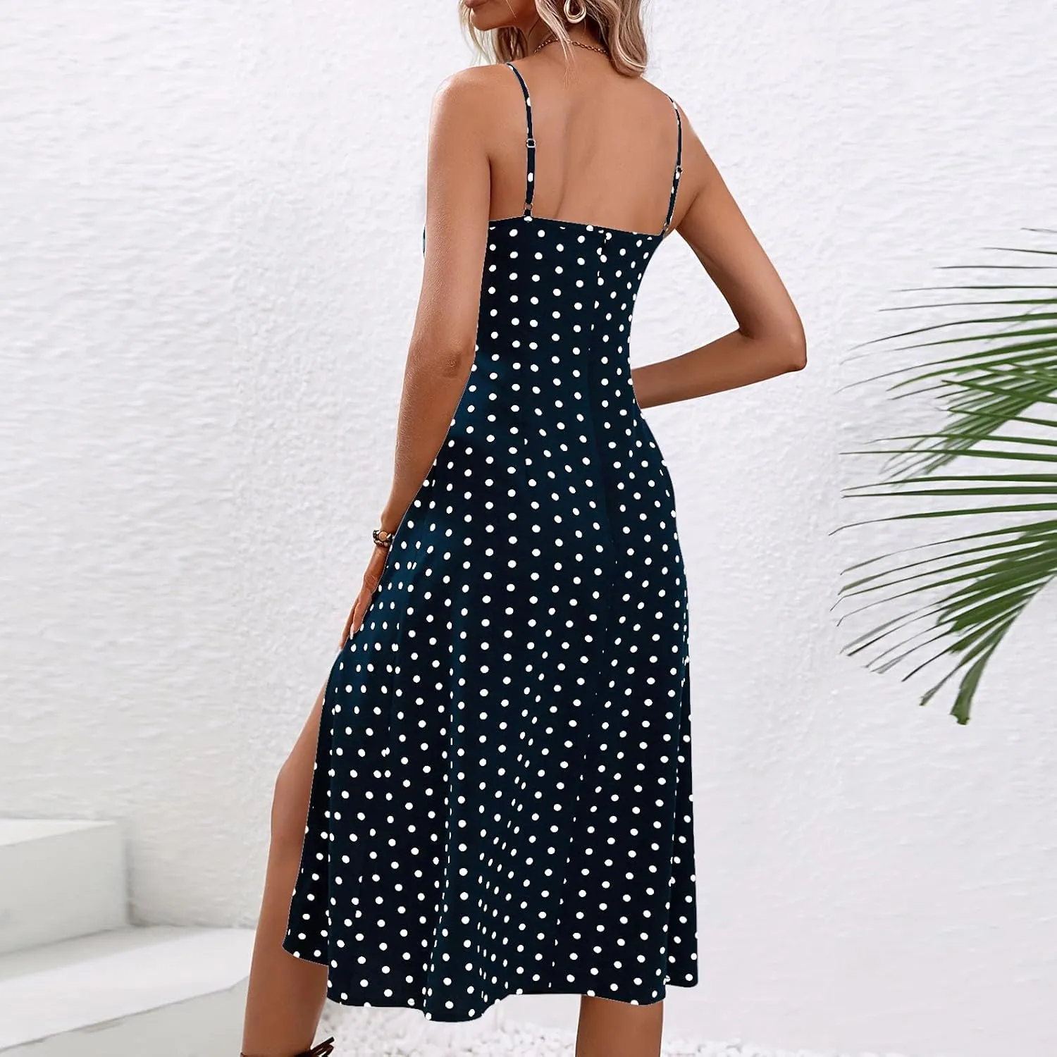 Spaghetti Strap Dresses for Women 2024 Summer Sexy Sundresses Polka Dot Print Midi Dress Side Split Boho Dresses