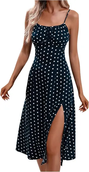 Spaghetti Strap Dresses for Women 2024 Summer Sexy Sundresses Polka Dot Print Midi Dress Side Split Boho Dresses