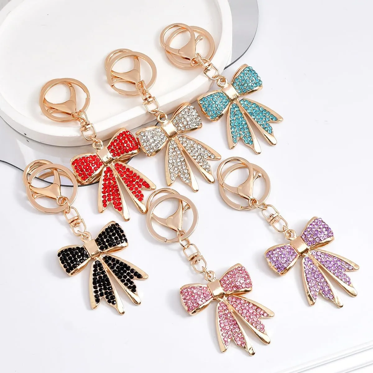 Sparkly Gold Plated Color Rhinestone Bow Keychain for Women, Charm for Key Purse Handbags Backpacks