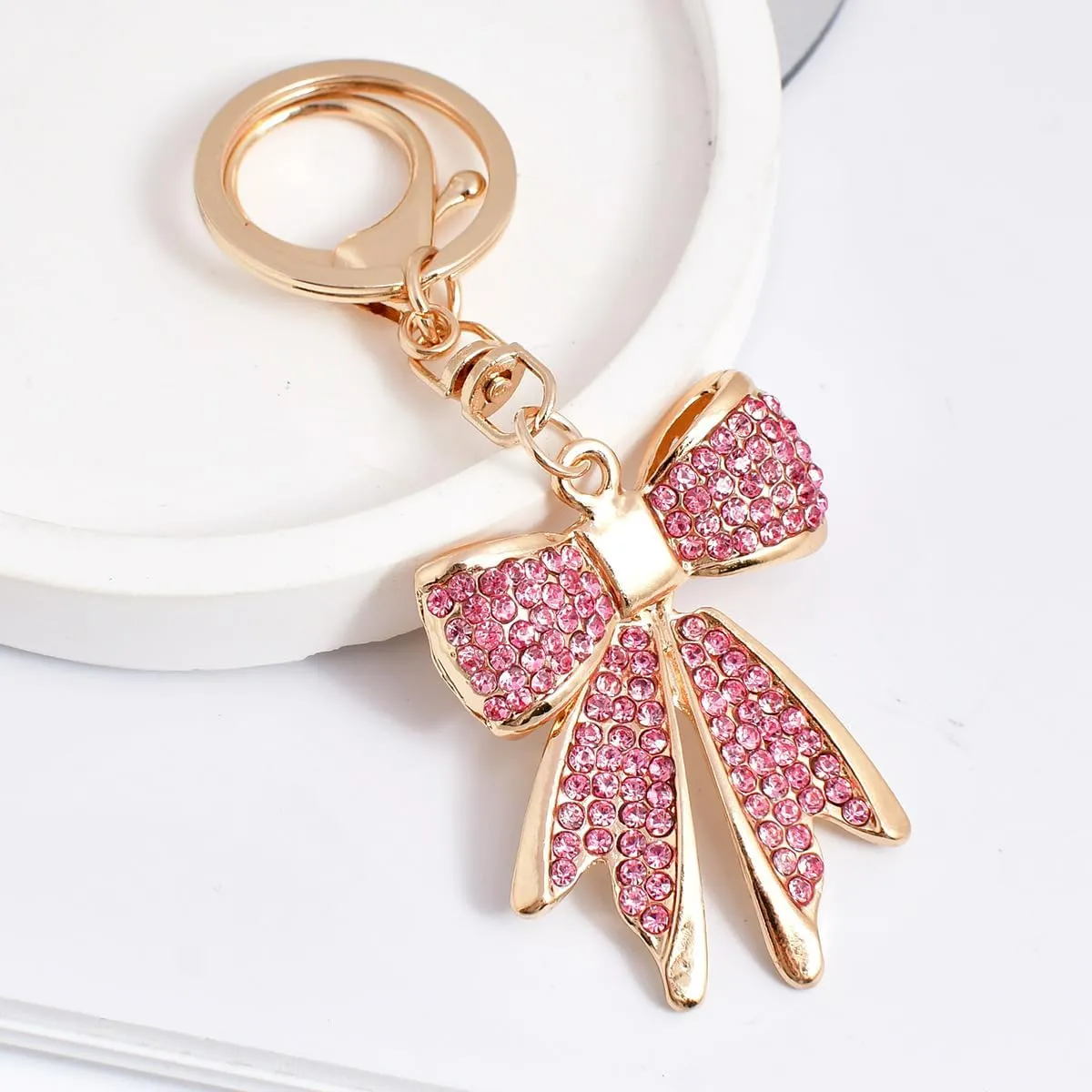 Sparkly Gold Plated Color Rhinestone Bow Keychain for Women, Charm for Key Purse Handbags Backpacks