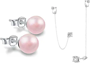Sterling Silver Cubic Zirconia Chain Earrings with Ear Cuffs, Hypoallergenic Pink Round Pearl Stud Earrings for Women