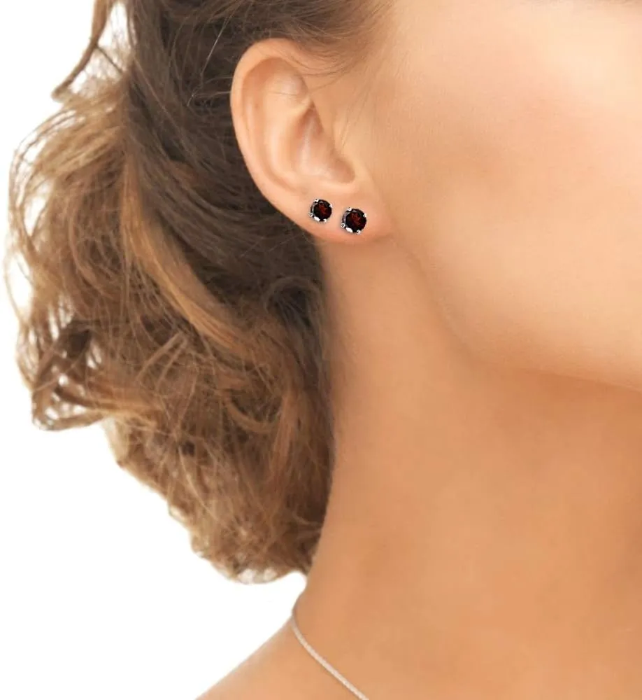 Sterling Silver Round-Cut Solitaire Garnet Gemstone Stud Earrings for Women