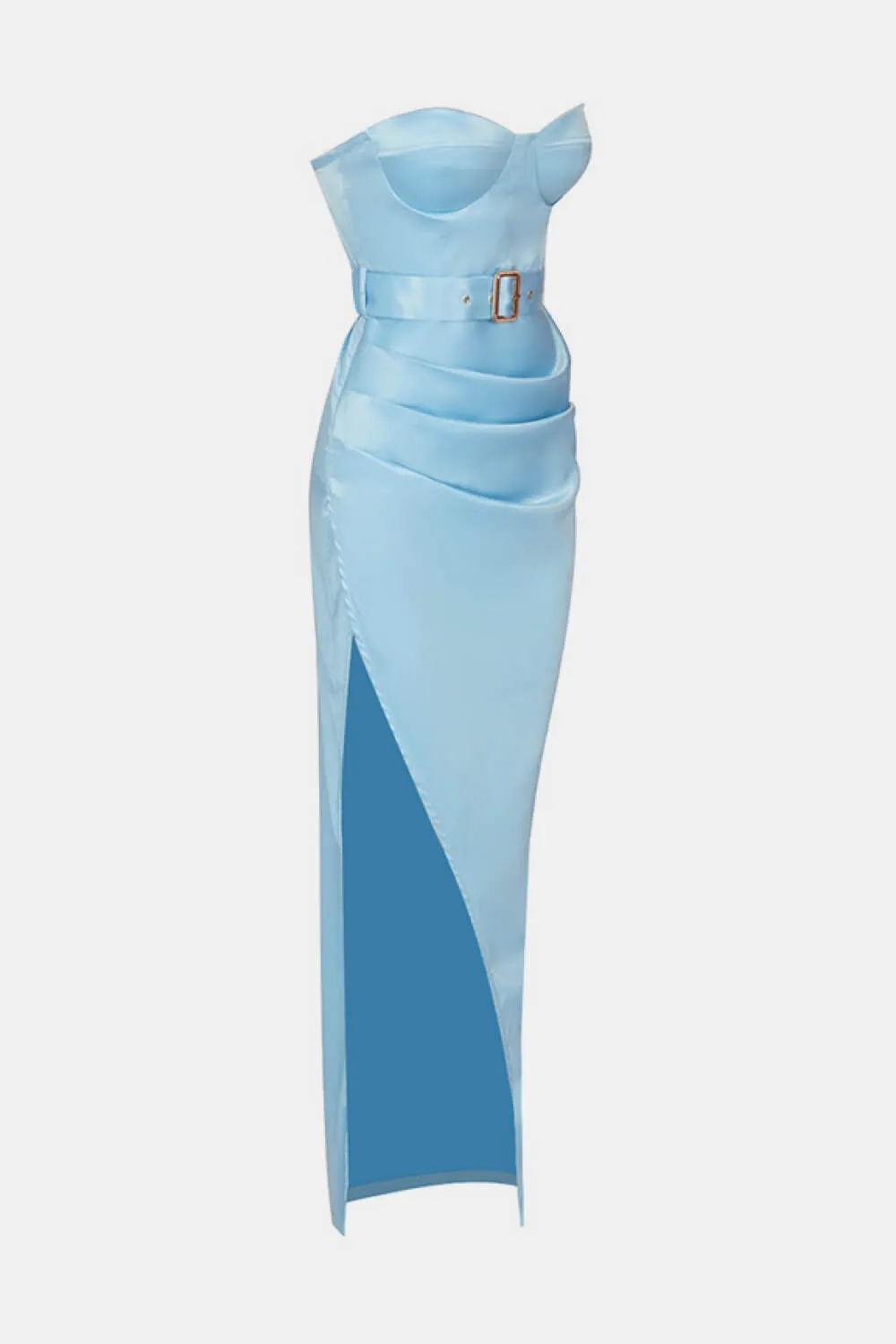 Strapless Belted Ruched Split Dress