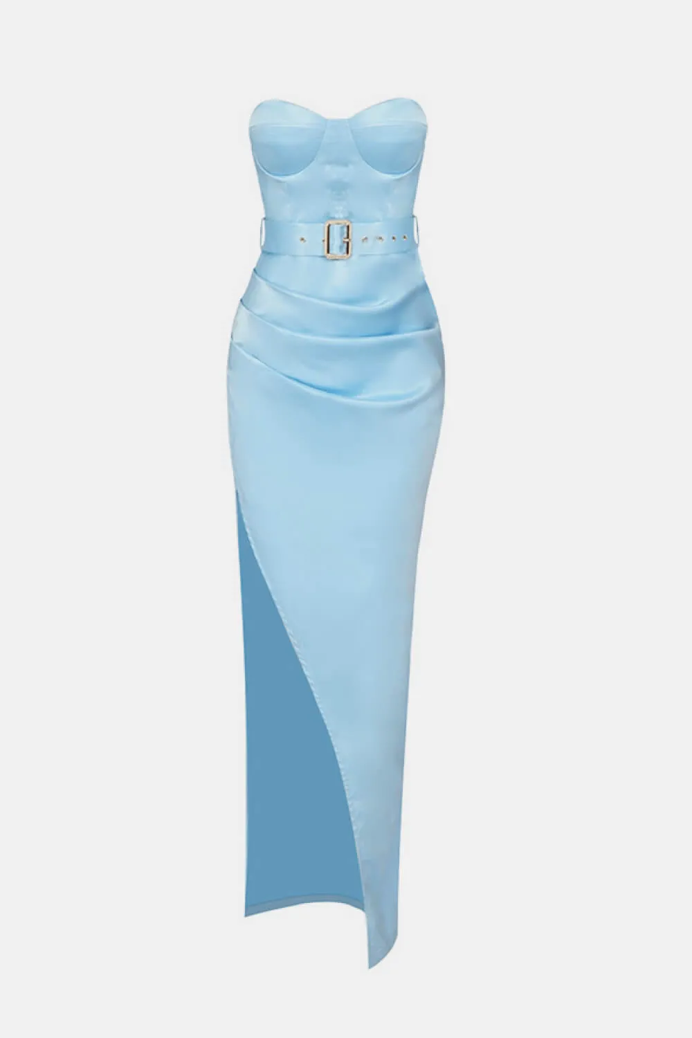 Strapless Belted Ruched Split Dress