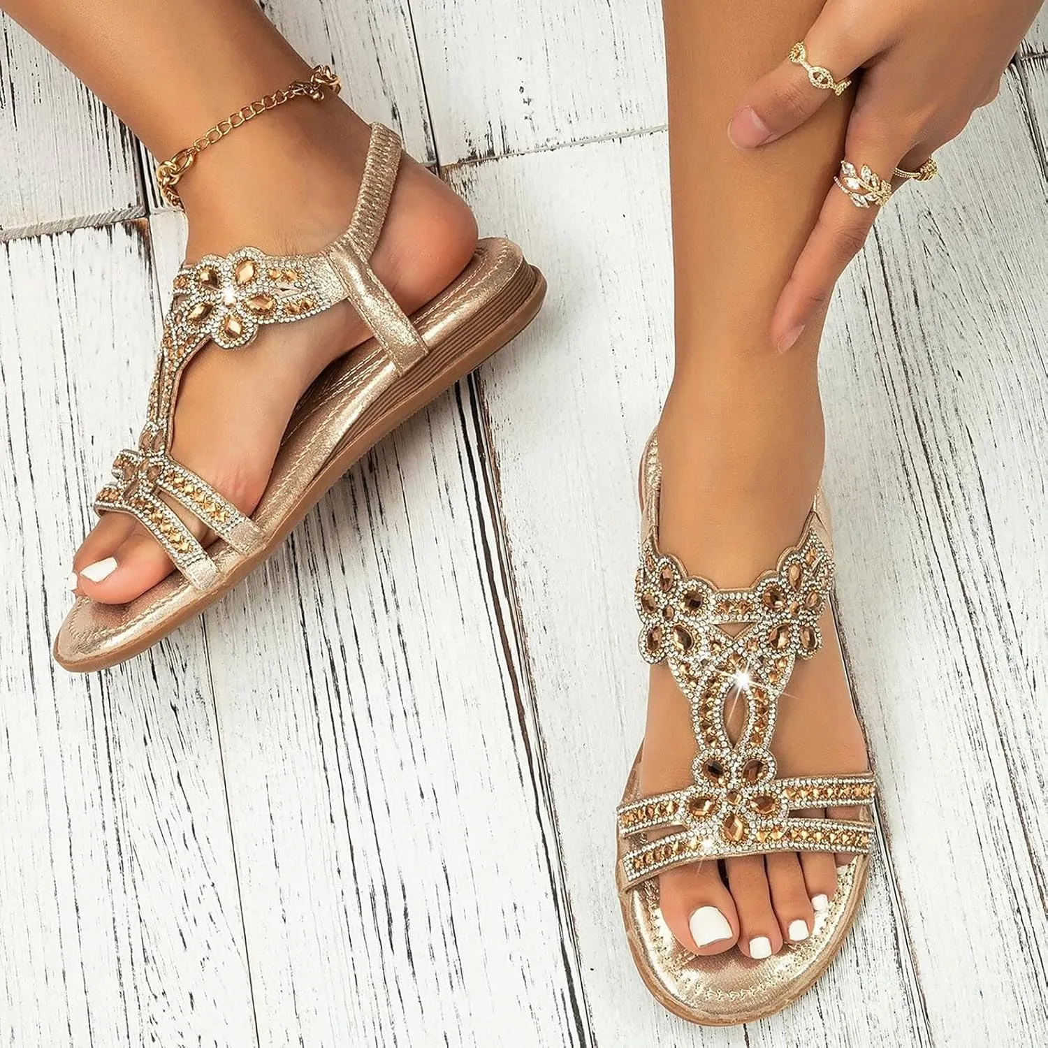 Strappy Sandals for Women 2025 Crystal Rhinestone Pearl Flat Dressy Braided T-Strap Thong Sandal with Arch Support Bling Sparkly Comfort Slip-On Shoes