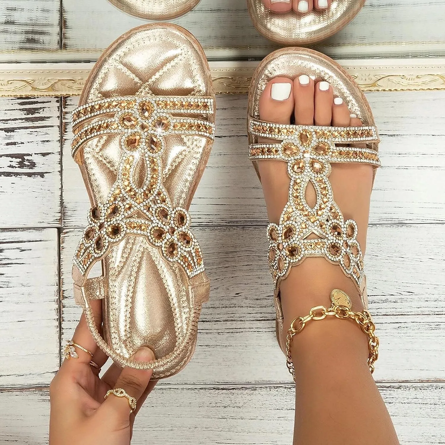 Strappy Sandals for Women 2025 Crystal Rhinestone Pearl Flat Dressy Braided T-Strap Thong Sandal with Arch Support Bling Sparkly Comfort Slip-On Shoes