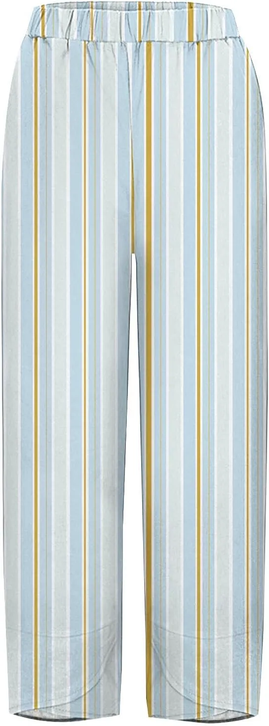 Striped Linen Pants for Women Loose Palazzo Womens Trousers Casual Elastic Waist Wide Leg Capri with Pockets