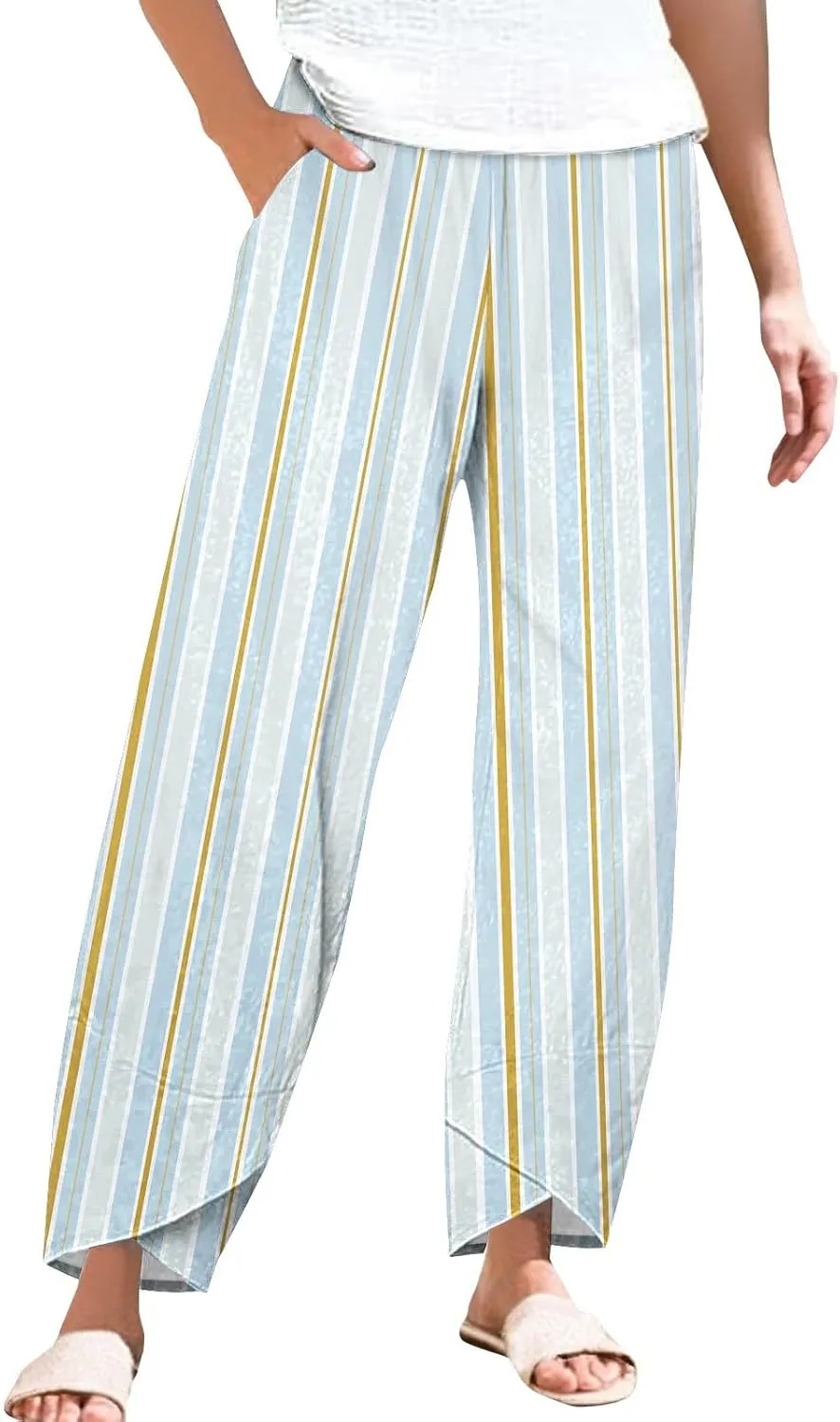 Striped Linen Pants for Women Loose Palazzo Womens Trousers Casual Elastic Waist Wide Leg Capri with Pockets