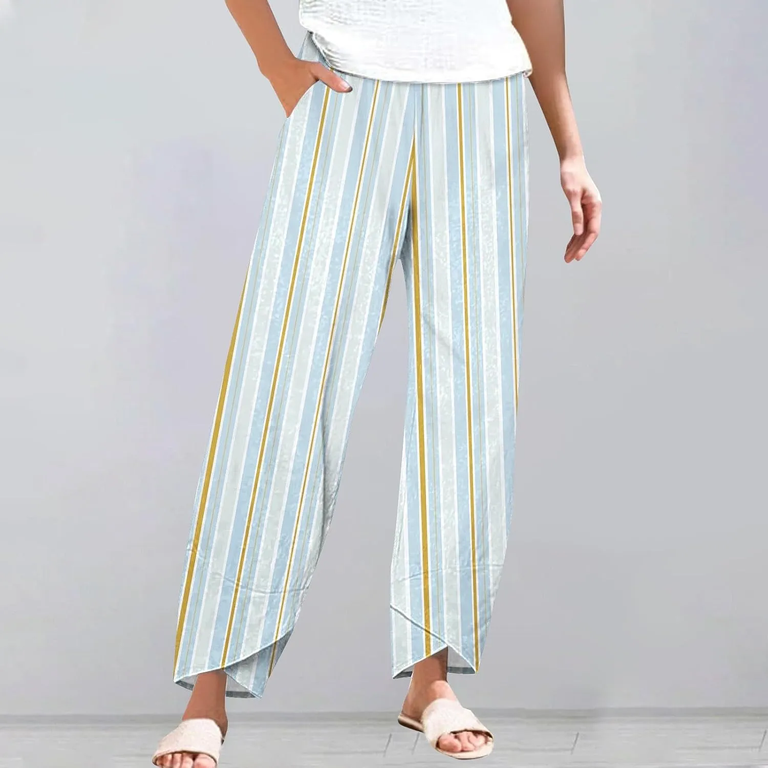Striped Linen Pants for Women Loose Palazzo Womens Trousers Casual Elastic Waist Wide Leg Capri with Pockets