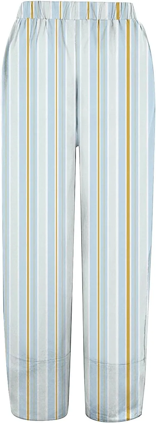 Striped Linen Pants for Women Loose Palazzo Womens Trousers Casual Elastic Waist Wide Leg Capri with Pockets