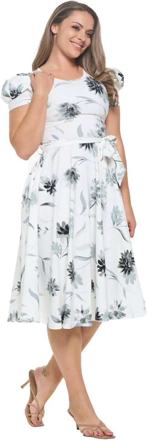 Stylish FABRIC Women's Short Puff Sleeve Midi Cocktail Flare Tea Party, Formal and Casual Dresses