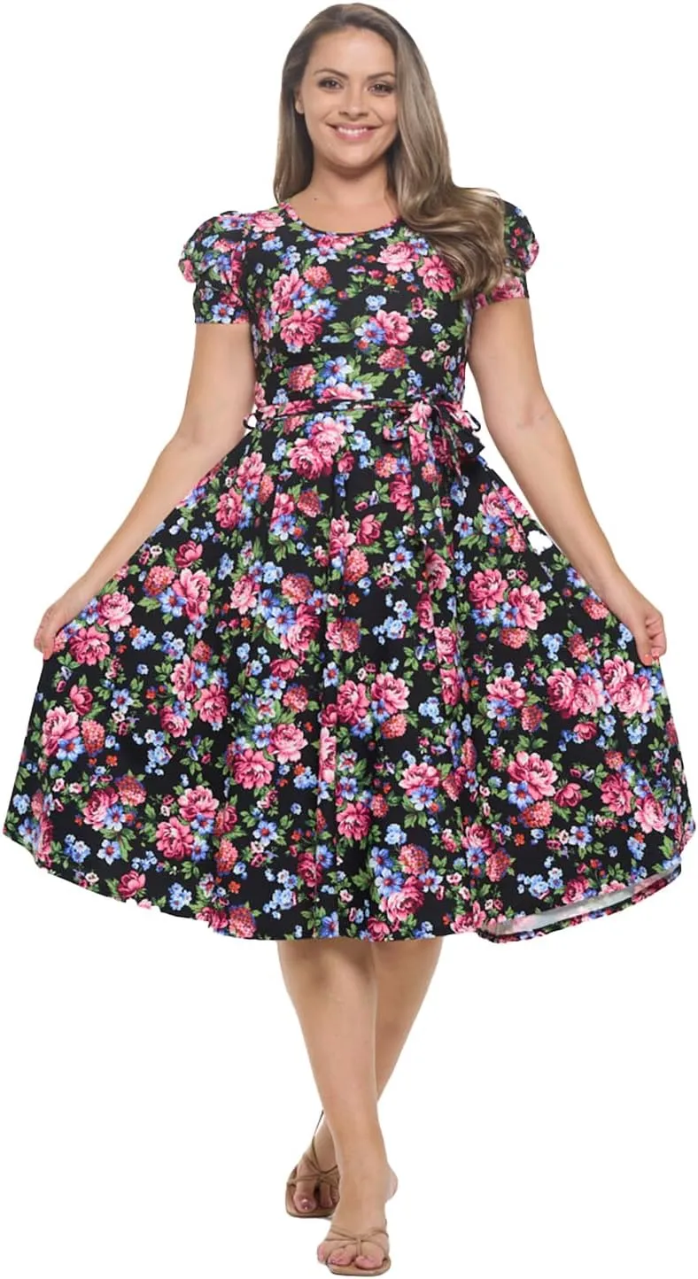 Stylish FABRIC Women's Short Puff Sleeve Midi Cocktail Flare Tea Party, Formal and Casual Dresses