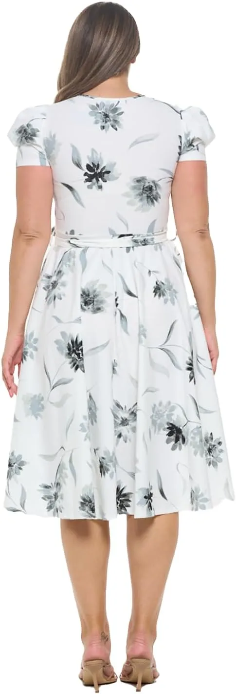 Stylish FABRIC Women's Short Puff Sleeve Midi Cocktail Flare Tea Party, Formal and Casual Dresses