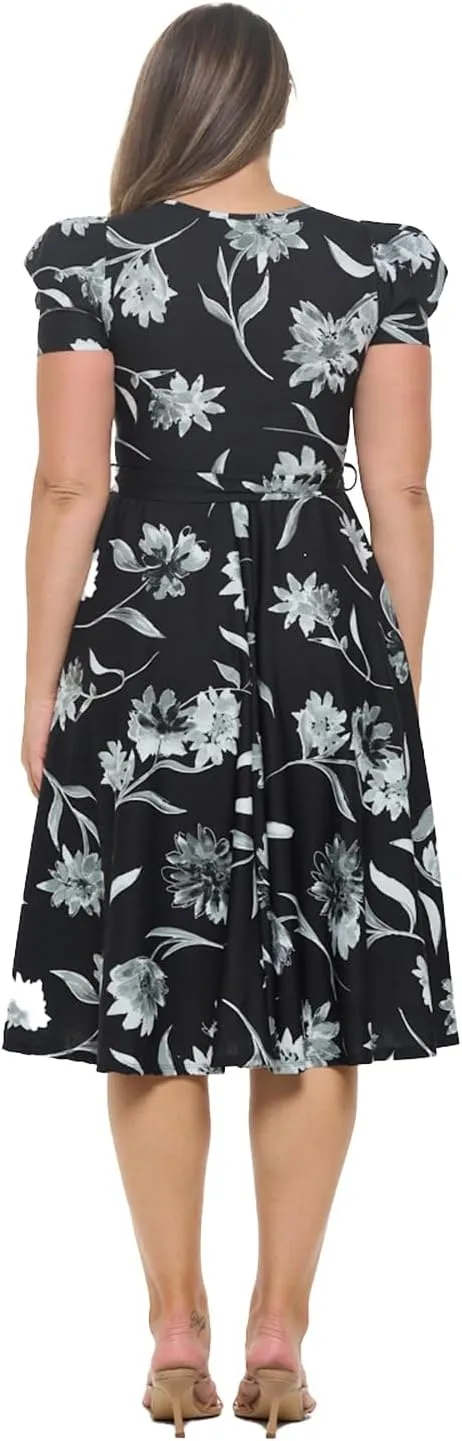 Stylish FABRIC Women's Short Puff Sleeve Midi Cocktail Flare Tea Party, Formal and Casual Dresses